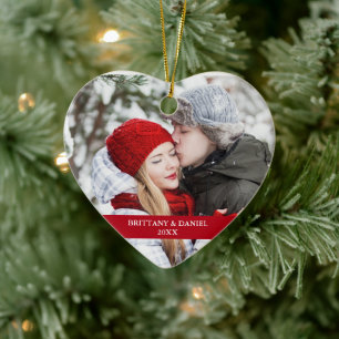 Couple Photo Front   Snowflakes Back Red Heart Ceramic Ornament