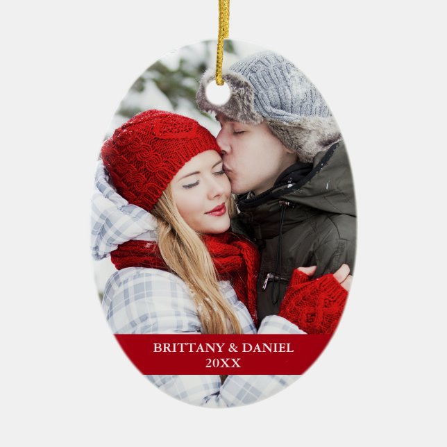 Couple Photo Front | Snowflakes Back Red Oval Ceramic Ornament (Front)