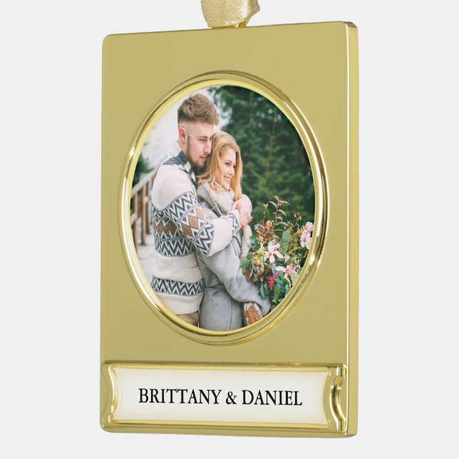 Couple Photo Gold Plated Banner Ornament (Left)