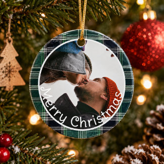 Couple Photo l Green Plaid Gingham Merry Christmas Ceramic Ornament