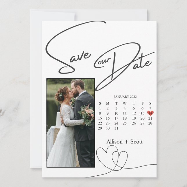 Couple Photo Modern Script Calendar Save The Date  (Front)