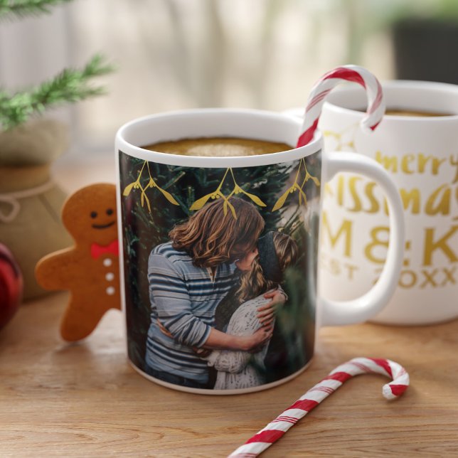 Couple Photo Monogram Mistletoe Christmas Mug (Merry Kissmas! Upload your photo, add your initials and year )