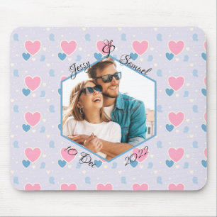 Couple Photo Names Blue Pink Hearts Pattern Mouse Pad