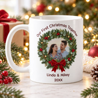 Couple Photo Our First Christmas Red Bow Wreath Coffee Mug