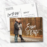 Couple Photo Save The Date Modern Brush Script Postcard<br><div class="desc">Modern Brush Script Save The Date Engagement Couple Photo Postcard</div>