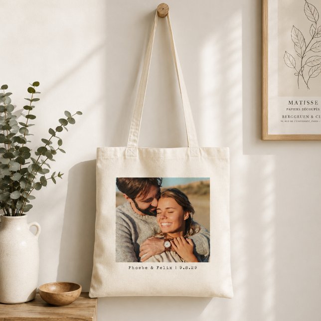 Couple Photo Tote Bag | Custom Wedding Keepsake (Personalized couple photo tote bag with custom names and date for a thoughtful keepsake gift.)