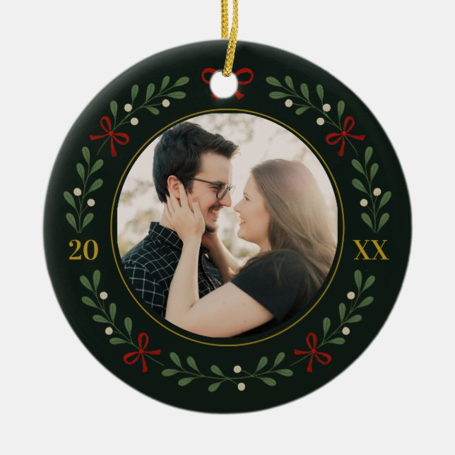 Couple Photo Wreath First Christmas Together Ceramic Ornament (Front)
