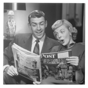 Couple Reading Magazine Ceramic Tile