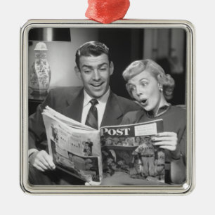 Couple Reading Magazine Metal Ornament