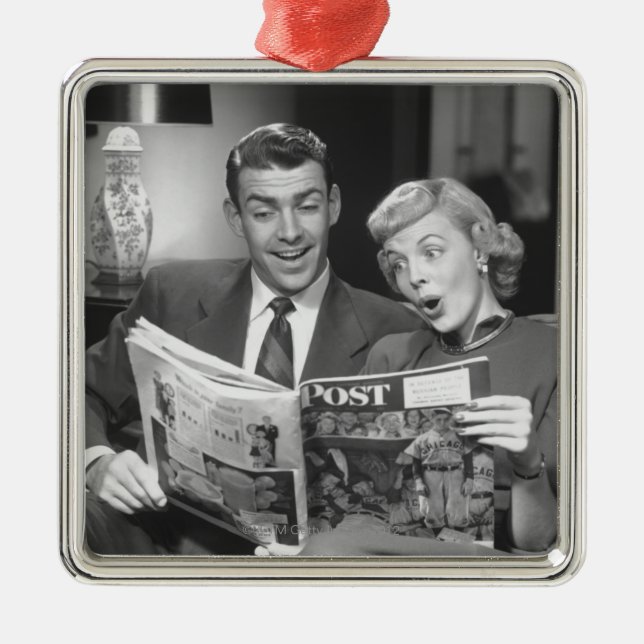 Couple Reading Magazine Metal Ornament (Front)