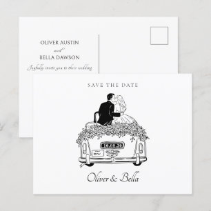 Couple ride a car wedding  postcard
