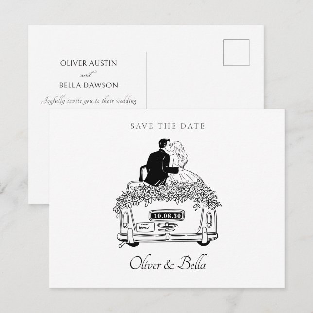 Couple ride a car wedding  postcard (Front/Back)