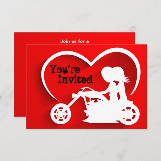 Couple Riding Motorcycle, Heart Wedding Invitation (Front/Back)