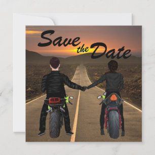 Couple Riding Motorcycles at Sunset Wedding Save T The Date