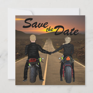 Couple Riding Motorcycles at Sunset Wedding Save The Date