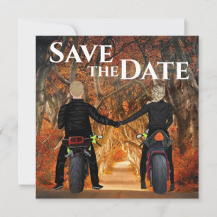 Couple Riding Motorcycles Autumn Forest Wedding Save The Date