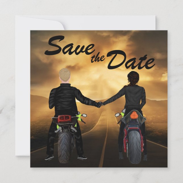 Couple Riding Motorcycles Magical Sunset Wedding Save The Date (Front)