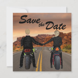 Couple Riding Motorcycles on Rocky Highway Wedding Save The Date