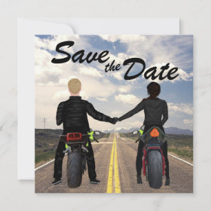 Couple Riding Motorcycles Road and Fields Wedding Save The Date