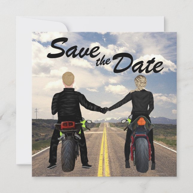 Couple Riding Motorcycles Road and Fields Wedding Save The Date (Front)