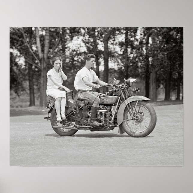Couple Riding Motorcyle, 1928. Vintage Photo Poster (Front)
