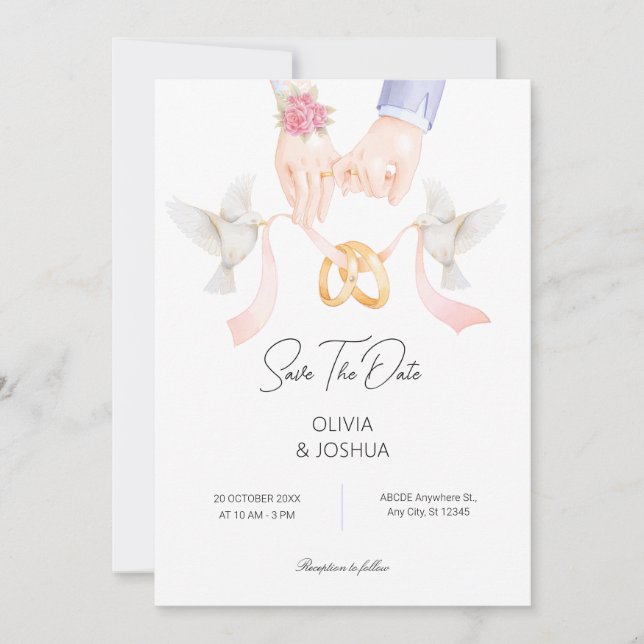 Couple ring with birds soft elegant wedding save the date (Front)