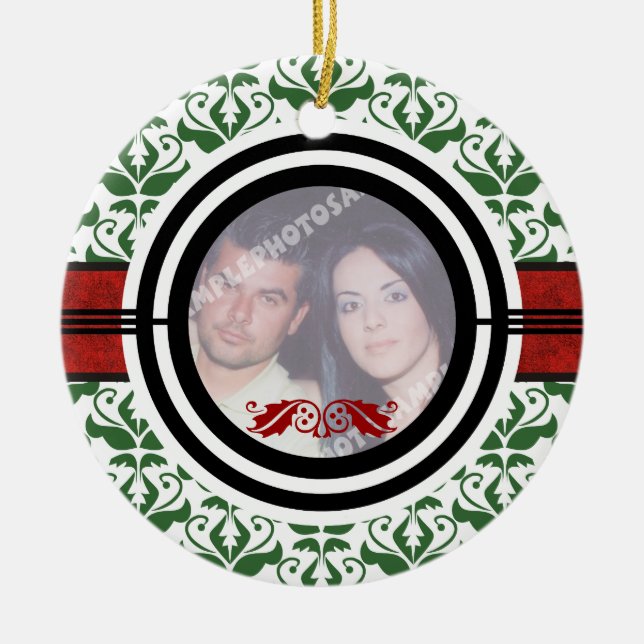 Couple’s first/1st Christmas damask photo ornament (Front)