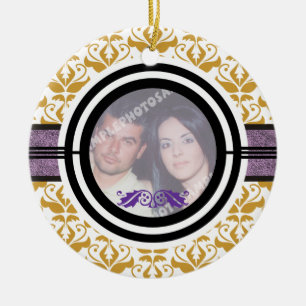 Couple’s first/1st Christmas damask photo ornament