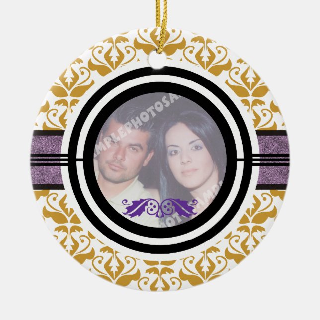Couple’s first/1st Christmas damask photo ornament (Front)