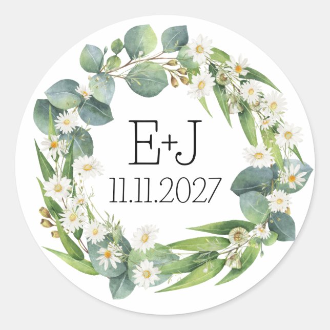 Couple’s initials sticker botanical daisy wedding (Front)