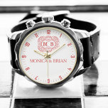 Couple’s name Luxury Initials Weddings   Watch<br><div class="desc">Elegant Floral Monogram Couple’s Name Red and White Watch – Personalized Timeless Gift Add a touch of elegance and romance to your wrist with this Elegant Floral Monogram Couple’s Name Watch in a red and white design. Featuring a beautifully crafted floral monogram with customizable couple’s names, this watch is the...</div>