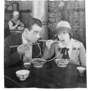 Couple sharing a noodle in a restaurantvintage, fo shower curtain
