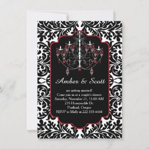 Couple shower black leafy damask, chandelier invitation