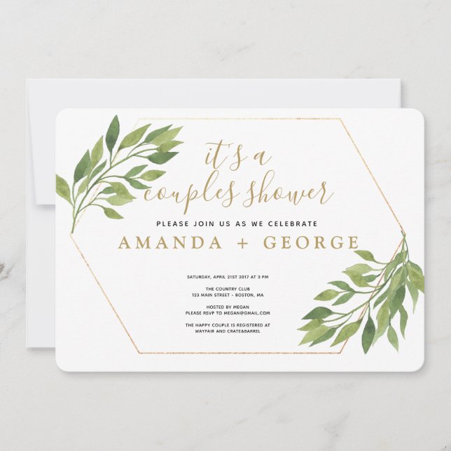 Couple shower elegant greenery and gold party invitation (Front)