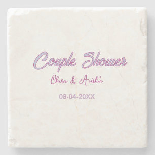 couple shower name date grey trendy simple pink stone coaster