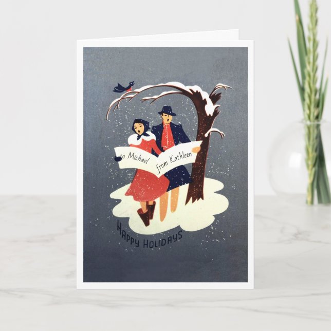 Couple singing under tree snow greeting card (Front)
