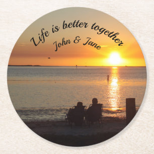 Couple Sit On Beach At Sunset Paper Coaster