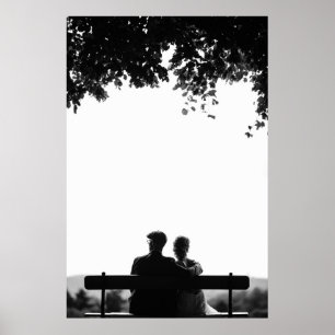 COUPLE SITTING ON BENCH UNDER TREE GRAYSCALE PHOTO POSTER