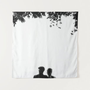 COUPLE SITTING ON BENCH UNDER TREE GRAYSCALE PHOTO TAPESTRY