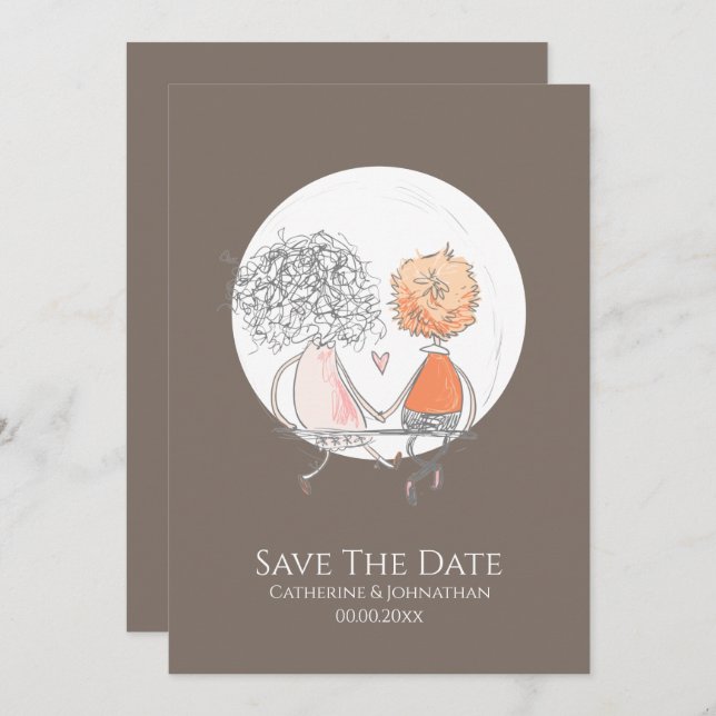 Couple sitting on swing moon illustration simple save the date (Front/Back)