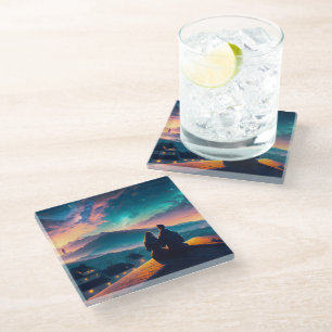 Couple Sitting On The Roof Glass Coaster