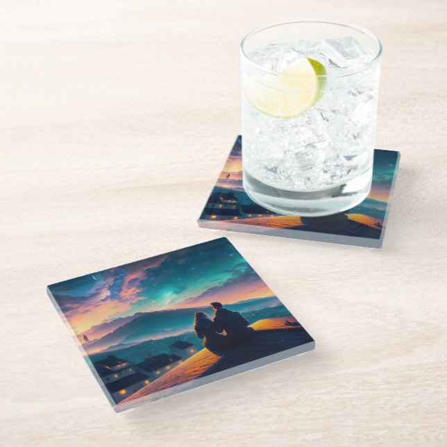 Couple Sitting On The Roof Glass Coaster (Angled)