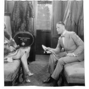 Couple sitting together in a compartment of a trai shower curtain