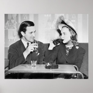 Couple sitting together in a restaurant flirting w poster