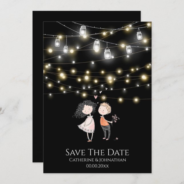 Couple standing under string lights cartoon save the date (Front/Back)