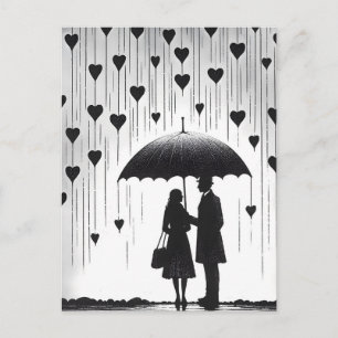 Couple Standing under Umbrella, Heart-Shaped Rain Postcard