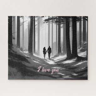 Couple Strolls Down Black & White Forest Path Jigsaw Puzzle