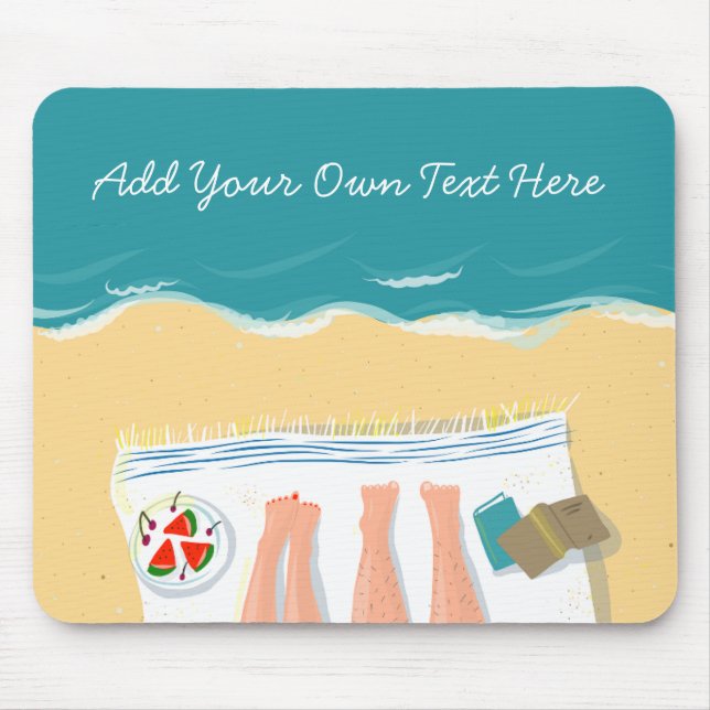 Couple Sunbathing on Beach Custom Text Holiday Mouse Pad (Front)