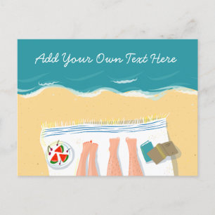 Couple Sunbathing on Beach Custom Text Holiday Postcard