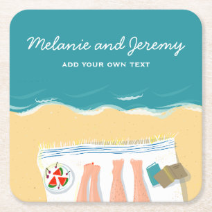 Couple Sunbathing on Beach Personalised  Square Paper Coaster
